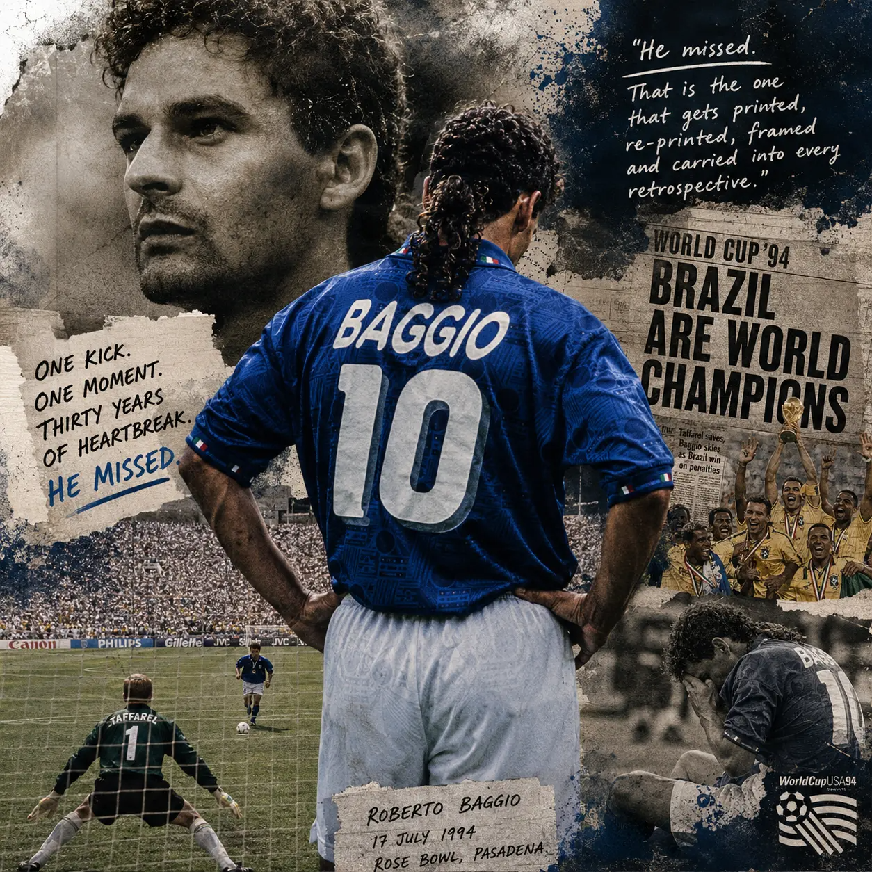 Illustration of Roberto Baggio in Italy's blue number 10 shirt after the 1994 World Cup final penalty