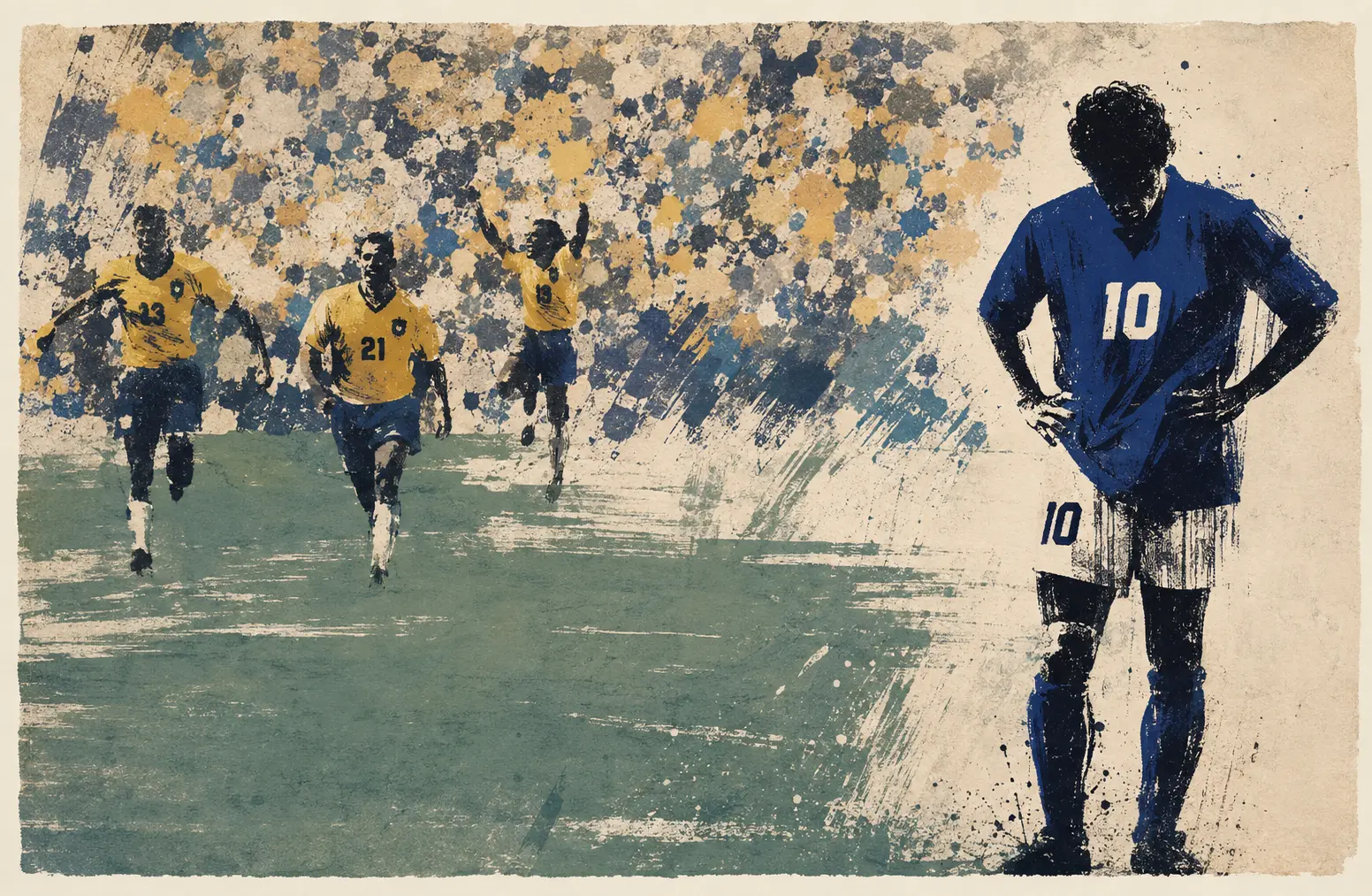 Illustration of Roberto Baggio in Italy's blue number 10 shirt after the 1994 World Cup final penalty
