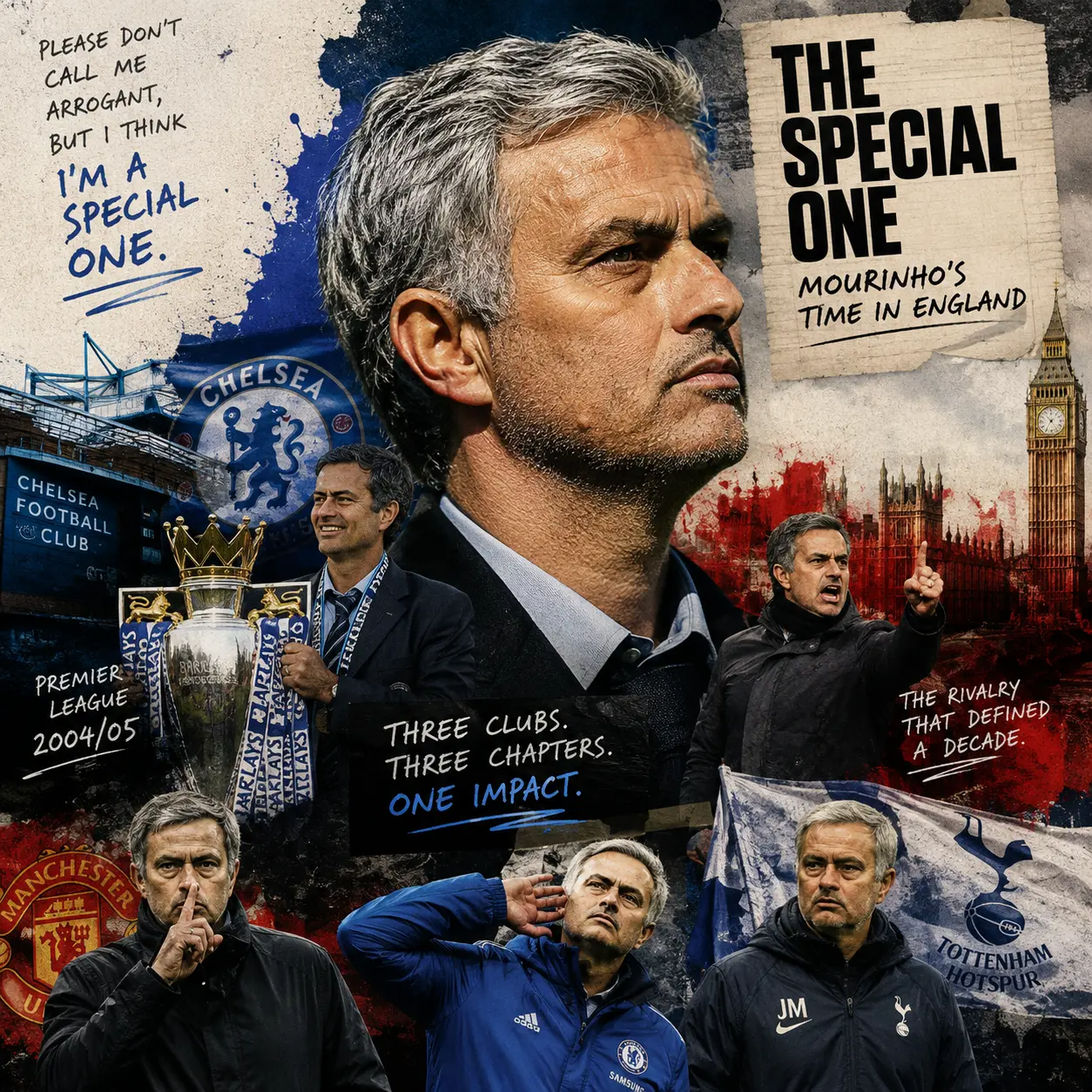 Collage of José Mourinho on the touchline at the clubs he managed in England
